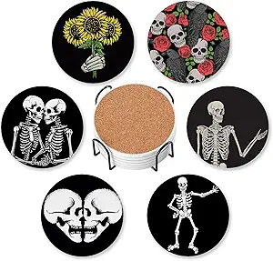 Halloween Drink Coasters for Drinks Set of 6,Skeleton Skull Absorbent Round Ceramic Stone Mat Coaster, with Cork Base and Metal Holder, Home Bar Decor House Warming Gift - sugar skull coasters set