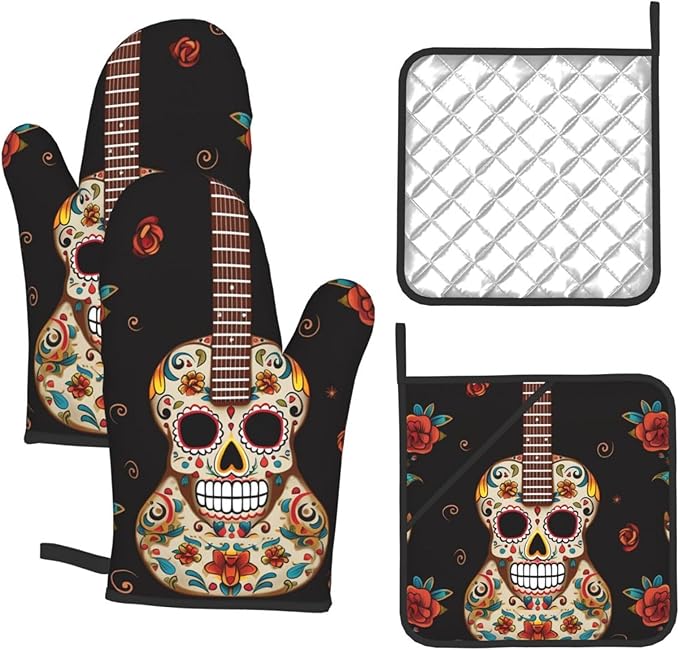 Guitar Pepper Sugar Skull Oven Mitts and Pot Holders 4 Pcs Set, 500°F High Heat Resistant Kitchen Oven Glove and Potholder Non-Slip Cooking Gloves with Pan Racks for Baking Grilling - sugar skull oven mitts