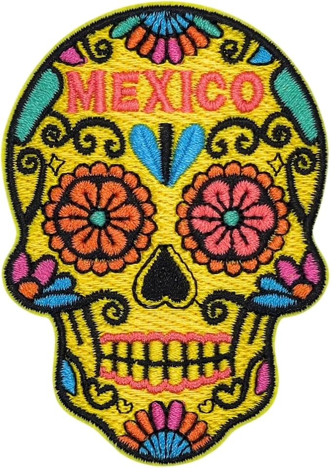 Sugar Skull Mexico Patch – 3 inches, Cool Mexico Iron On Patch – Iron On/Sew On Embroidered Travel Mexican Patches for Jackets - sugar skull apron for women