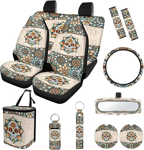 Suobstales Boho Mandala Sugar Skull Print Car Seat Covers Set of 13 with Universal Steering Wheel Cover, Rearview Mirror Cover, Car Trash Can, Seatbelt Pads, Cup Holder Coasters, Keychains - sugar skull car seat covers set