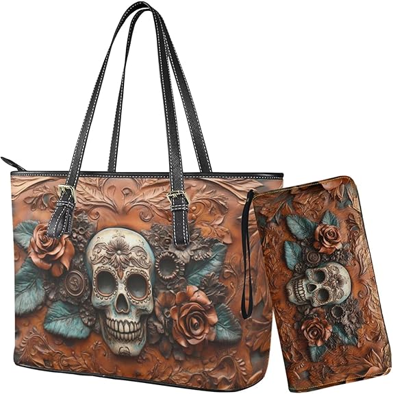 Womens Handbag Wallet Set Leather Satchel Purse Handbag with Wristlet Wallet Top Handle Handbag for Ladies - sugar skull handbags for sale