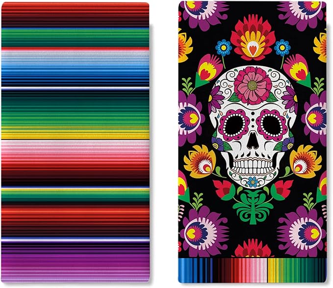 Dia De Los Muertos Sugar Skull Kitchen Dish Towels Set of 2, Day of The Dead Mexico Rainbow Stripes Drying Hand Towel Baking Cooking Cloth, Mexican Fiesta Flower Bathroom Home Decor 18 x 26 in - sugar skull beach towel