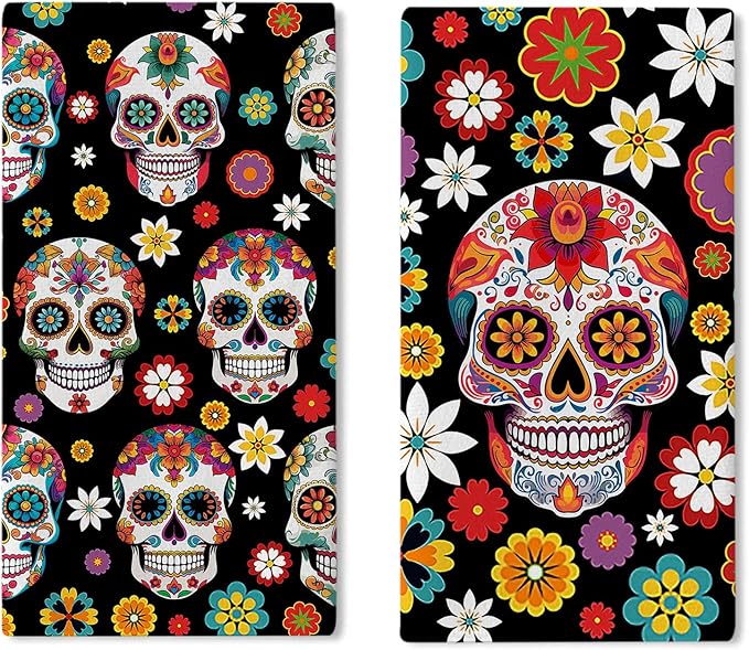 Dia De Los Muertos Sugar Skull Kitchen Dish Towels Set of 2, Day of The Dead Mexico Skeleton Flower Drying Hand Towel Baking Cooking Cloth, Mexican Fiesta Floral Bathroom Home Decor 18 x 26 in - sugar skull beach towel