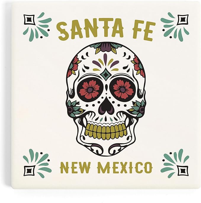 Lantern Press Santa Fe, New Mexico, Day of The Dead, Sugar Skull and Flower Pattern, White (Absorbent Ceramic Coaster, Single, Cork Back, Kitchen Table Decor) - sugar skull coasters set