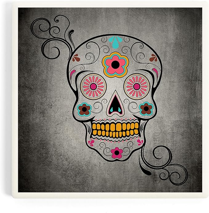 Lantern Press Sugar Skull, Black (Absorbent Ceramic Coaster, Single, Cork Back, Kitchen Table Decor) - sugar skull coasters set