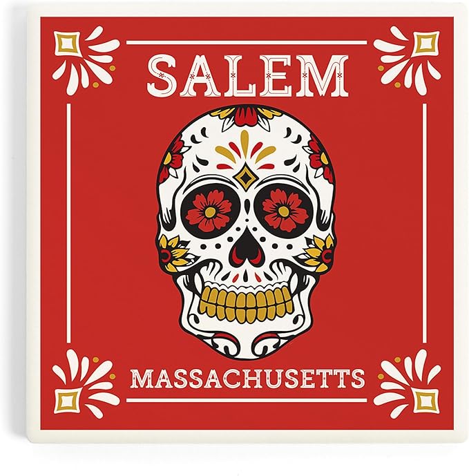 Lantern Press Salem, Massachusetts, Day of The Dead, Sugar Skull and Flower Pattern (Absorbent Ceramic Coaster, Single, Cork Back, Kitchen Table Decor) - sugar skull coasters set