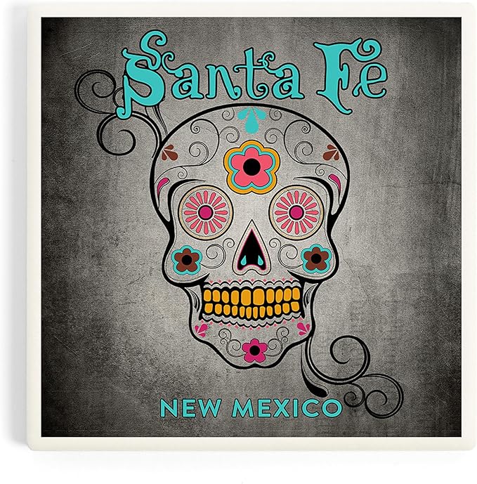 Lantern Press Santa Fe, New Mexico, Sugar Skull (Absorbent Ceramic Coaster, Single, Cork Back, Kitchen Table Decor) - sugar skull coasters set