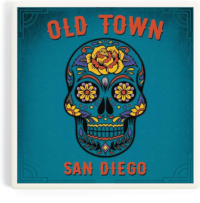 Lantern Press San Diego, California, Old Town, Day of The Dead, Sugar Skull, Blue (Absorbent Ceramic Coaster, Single, Cork Back, Kitchen Table Decor) - sugar skull coasters set