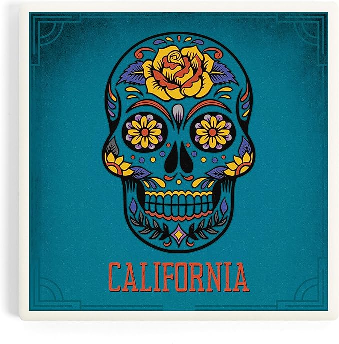 Death Valley National Park, California, Day of The Dead, Sugar Skull, Blue (Absorbent Ceramic Coaster, Single, Cork Back, Kitchen Table Decor) - sugar skull coasters set