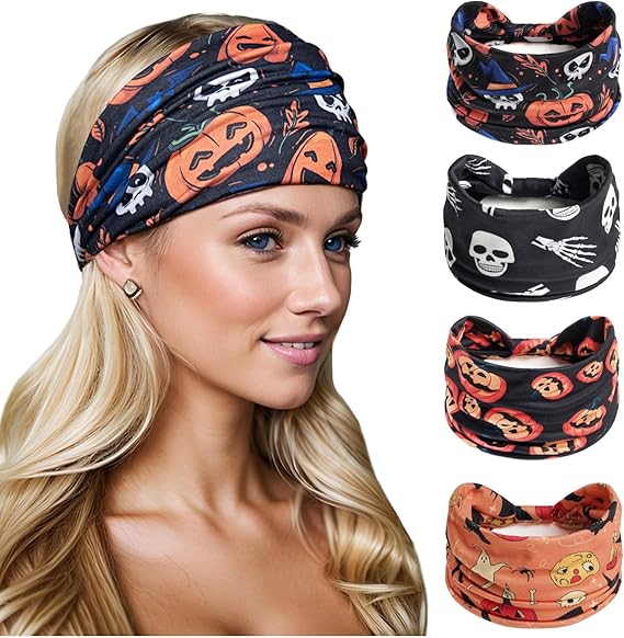 Wide Headbands for Women Boho Workout Knotted Head Bands for Women's Hair African Non Slip Headwrap Yoga Running Sports Hairdband Hair Accessories 4 Pack - sugar skull flower crown