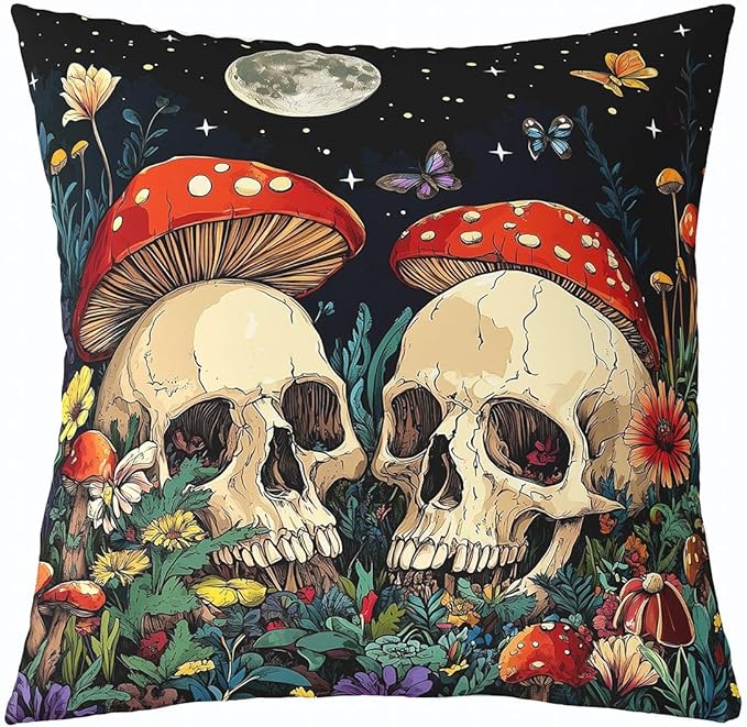 Erosebridal Sugar Skull Pillow Cover for Adults,Gothic Mushroom Throw Pillow Cover,Galaxy Glitter Butterfly Cushion Case,Hippie Fungus Wildlife Room Decor for Kids Boys Girls Teens,16x16 Inch - sugar skull throw pillow
