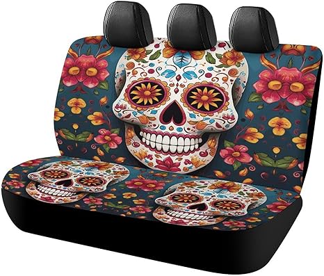Car Seat Cover Rear Seat Covers for Cars Colorful Sugar Skull Car Rear Bench Covers Auto Back Interior Cover Universal Backseat Protector for SUV Sedan Van Truck - sugar skull car seat covers set