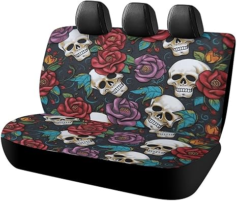 Sugar Skull Flowers Car Seat Cover Universal Fit Waterproof Backseat Protector Breathable Rear Bench Cover Non-Slip Automotive Seat Covers for Cars SUV Trucks Interior Covers - sugar skull car seat covers set