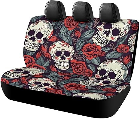 Sugar Skulls and Red Roses Car Seat Cover Universal Fit Waterproof Backseat Protector Breathable Rear Bench Cover Non-Slip Automotive Seat Covers for Cars SUV Trucks Interior Covers - sugar skull car seat covers set