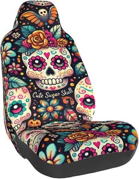 Single Bucket Seat Protector Cute Sugar Skull Halloween for Dog Pet,Workout,Universal Fit Car Seat Cover for Vehicles,Suvs,Trucks - sugar skull car pet seat cover