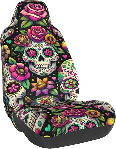Single Bucket Seat Protector Sugar Skulls Day of Dead for Dog Pet,Workout,Universal Fit Car Seat Cover for Vehicles,Suvs,Trucks - sugar skull car pet seat cover