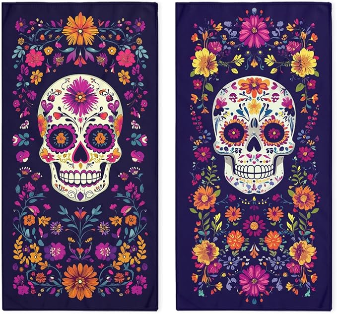 Day of The Dead Hand Towels Set of 2 Sugar Skull Halloween Skeleton Decorative Bath Towel for Kitchen Home Spa Hotel Yoga,Bathroom Decor Accessories 14"x28" - sugar skull beach towel