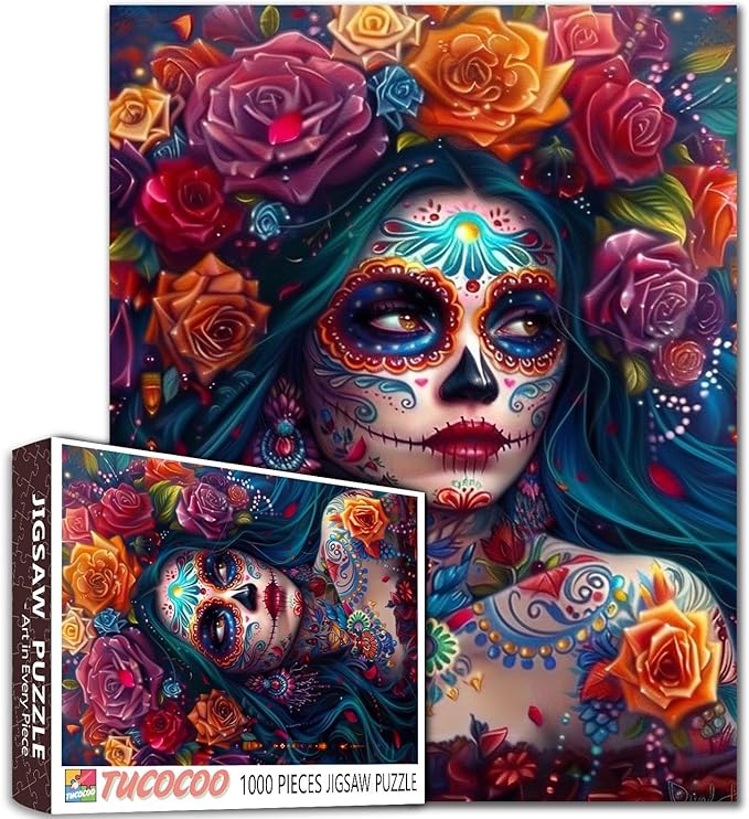 Sugar Skull 1000 Piece Jigsaw Puzzles for Adults Day of The Dead Jigsaw Puzzle Halloween Woman Puzzles for Challenging Family Activity Colorful DIY Art Puzzle Home Wall Decor Unique Gifts - sugar skull canvas wall art