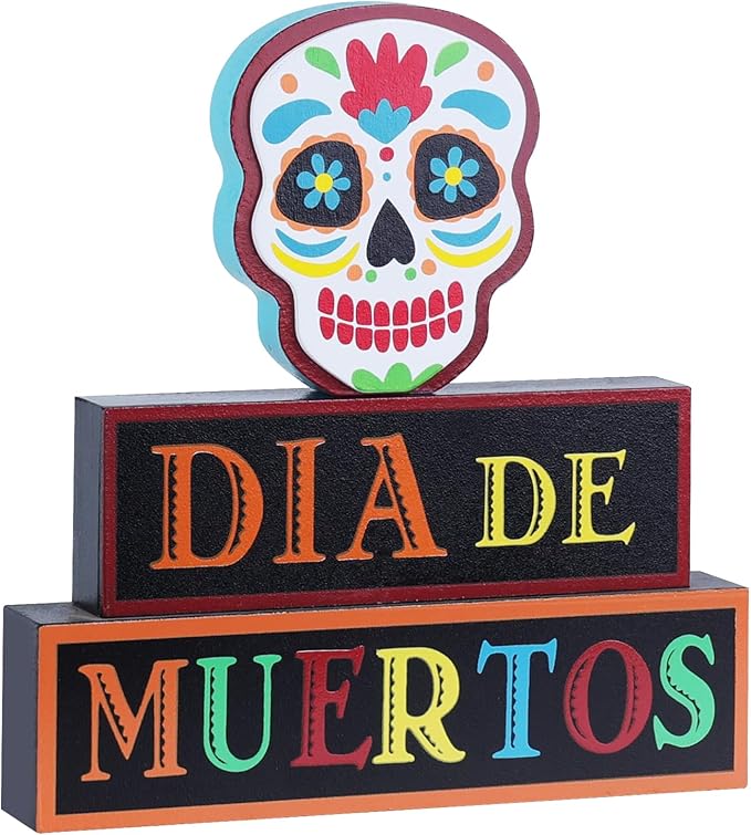 DECSPAS Day of the Dead Decorations, Wood Block Sugar Skull Dia De Los Muertos Decorations with DIA DE MUERTOS Sign, 3-Layered Wooden Skeleton Decor for Altar, Ofrenda, Home, Table, Mexican Fiesta - sugar skull figurine collectible