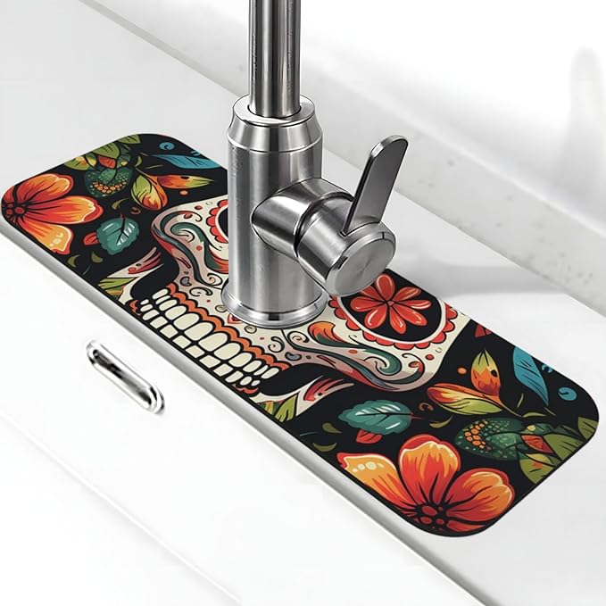 Colorful Sugar Skull Faucet Mat for Kitchen Sink, Anti-Slip Faucet Pad Splash Catcher, Diatomite Fast Drying Stone Faucet Handle Drip Catcher Tray Mat for Bathroom Sink Draining Pad - sugar skull toilet mat set