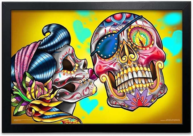 Sugar Skulls Kiss - by James Danger Harvey - Mini Poster - 17" x 11" with Frame Black Color - sugar skull poster print