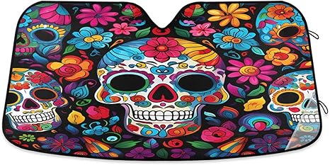 Windshield Sun Shade Flowers Sugar Skulls Front Window Block UV Shades Visor Reflective Retractable for Car SUV Trucks - sugar skull car sunshade for windshield