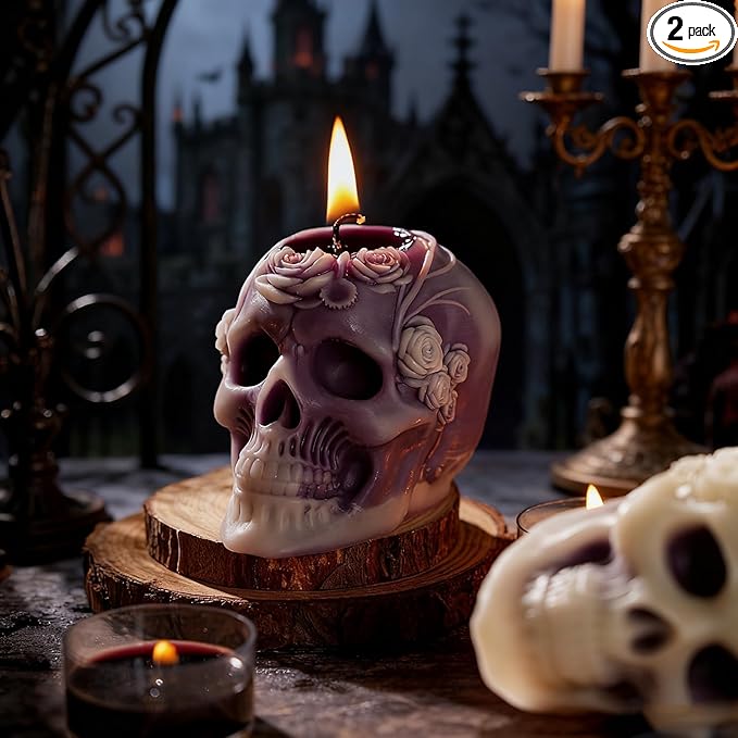Sungmor Purple Skull Shaped Candles - Halloween Decor, Day of The Dead Gifts, Gothic Home Decor Candles, Unique Scented Candle for Spooky Ambiance, Set of 2, 100% Natural Soy Wax Decorative Candle - sugar skull candle holder
