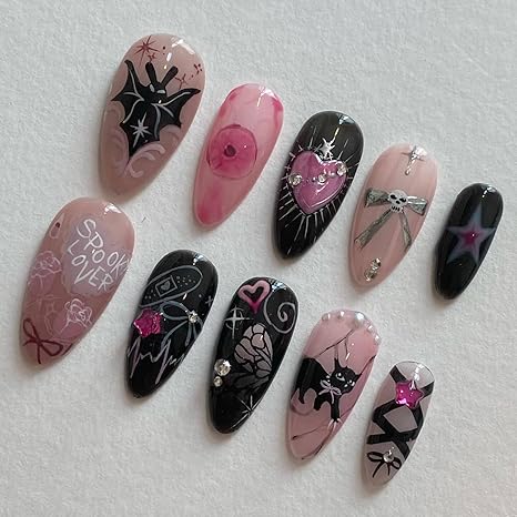 Halloween Press on Nails Medium Black Skull Goth Fake Nails with Black Bat Pink Graffiti French Nails Charms Press ons Cute Design False Nails Halloween Nail Art Tips Stick on Nails for Woman 24Pcs - sugar skull nail art