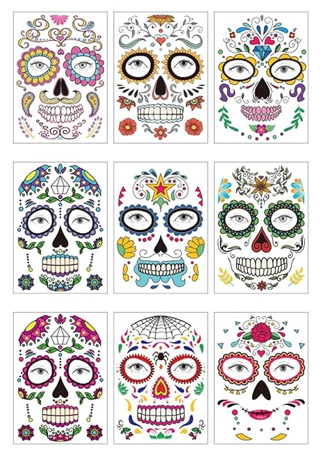 TyCan 9 Sheets Skull Design Face Temporary Tattoos, Colorful Floral Pattern Makeup Stickers for Costume Ball Funky Party Halloween Activities - sugar skull temporary tattoo