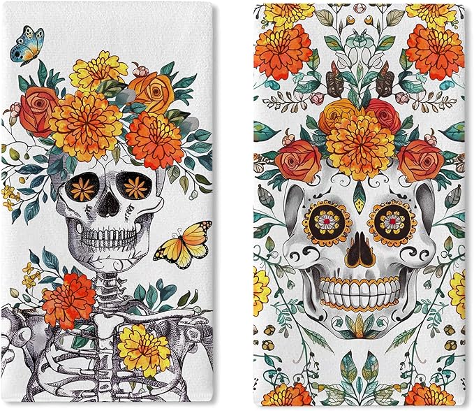 Dia De Los Muertos Sugar Skull Kitchen Dish Towels Set of 2, Day of The Dead Mexico Skeleton Flower Drying Hand Towel Baking Cooking Cloth, Mexican Fiesta Bathroom Home Decoration 18 x 26 in - sugar skull beach towel