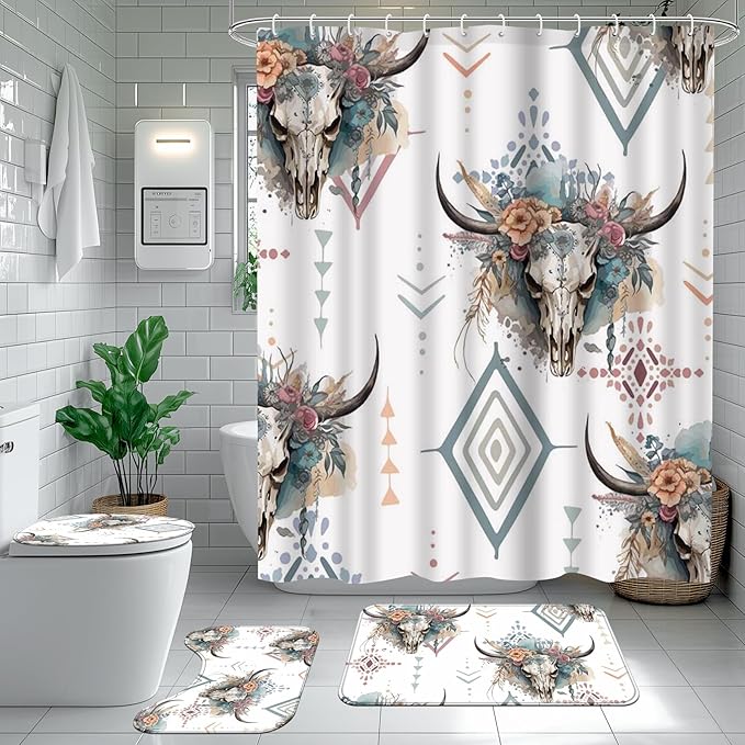 Ticuenicoa Western Cow Skull Shower Curtain Set, 4 Pcs 72x72 Inch Bathroom Decor with Bath Mat, U-Shape Rug, Toilet Lid Cover & 12 Rustic Hooks, Waterproof Anti-Slip Design - sugar skull shower curtain set