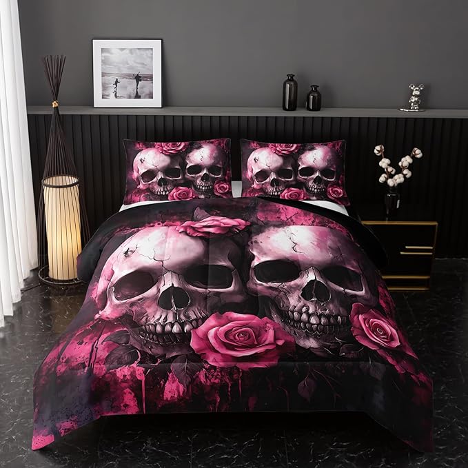 Skull Comforter Set Twin Size,Vintage Sugar Pink 3 Pcs Bedding for Kids and Adults,Gothic Skull Skeleton Flower Bedding for Bedroom Bed Decor Pink Comforter Set and 2 Pillowcases - sugar skull bedding set