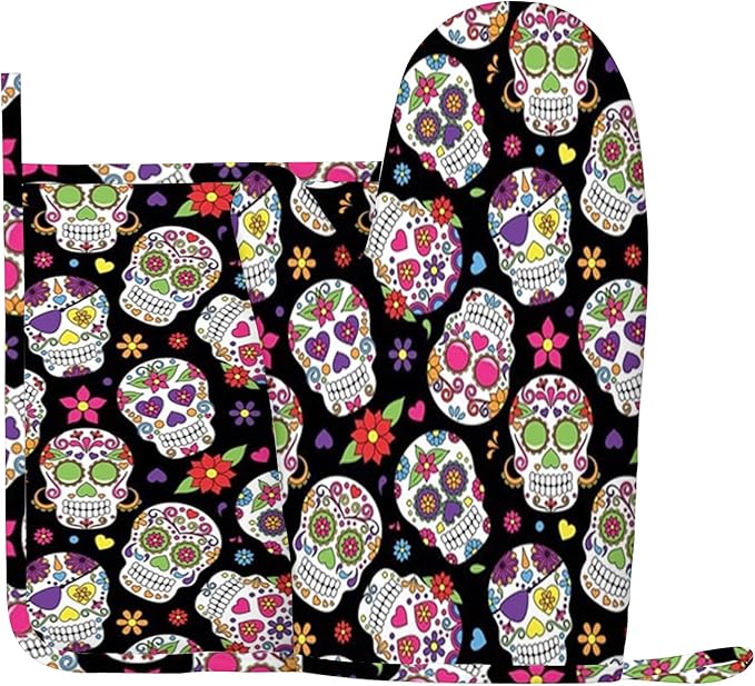 Sugar Skull,Oven Mitts and Pot Holders Sets,Sugar Skull Mexico Design,Silicone Heat Resistant Kitchen Gloves Set,Kitchen Mitts Pot Holders for BBQ Baking,Multicolor,Right Hand - sugar skull oven mitts