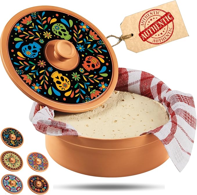 Sugar Skull Tortilla Warmer Day of the Dead - Authentic Terracotta Tortilla Holder with Warmer Cloth, Mexican Día de Muertos Calavera Tortillero, Clay Bread Warmer for Roti Pancake Naan - sugar skull beach towel