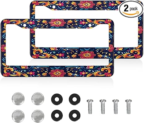 Personalized License Plate Frame, Sugar Skull Theme 2 Pack Funny Stainless Steel License Plate Decorative Frame Halloween Day of The Dead with 2 Holes and Screws for Standard US Size 12.2 X 6.3 in - sugar skull plates set