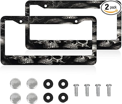 Personalized License Plate Frame, Skeleton Skull 2 Pack Funny Stainless Steel License Plate Decorative Frame Skeleton Sugar Skull with 2 Holes and Screws for Standard US Size 12.2 X 6.3 in - sugar skull plates set