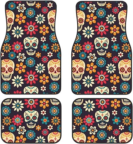 Halloween Ghost Sugar Skull Car Front and Rear Floor Mats Universal Deluxe, Complete Set of 4 Carpets, All Weather Trim - sugar skull car floor mats
