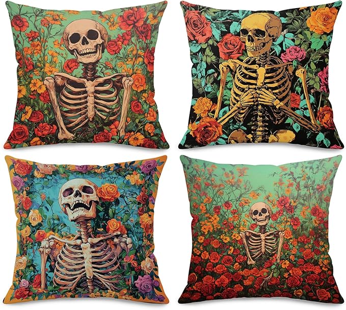 Sugar Skull with Rose Flower Pillow Covers Set of 4, 18x18 Inch Gothic Decorative Throw Pillow Covers for Farmhouse Living Room Sofa Seasonal Holiday Day of The Dead Decor - sugar skull throw pillow
