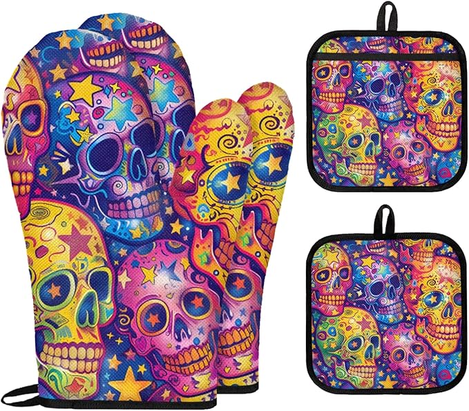 Sugar Skull Oven Mitts and Pot Holders 4 Pcs, Colorful Skull Stars Kitchen Oven Mitts Heat Resistant Oven Glove for Cooking, Baking - sugar skull oven mitts