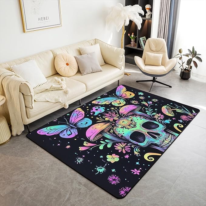 Erosebridal Gothic Skull Area Rug 6'6" x 4'11",Sugar Skull Carpet for Kids Boys Girls,Boho Plant Mushroom Indoor Floor Mat Rainbow Skeleton Flowers Leaves Decorative Washable Rug,Non Shedding - sugar skull area rug