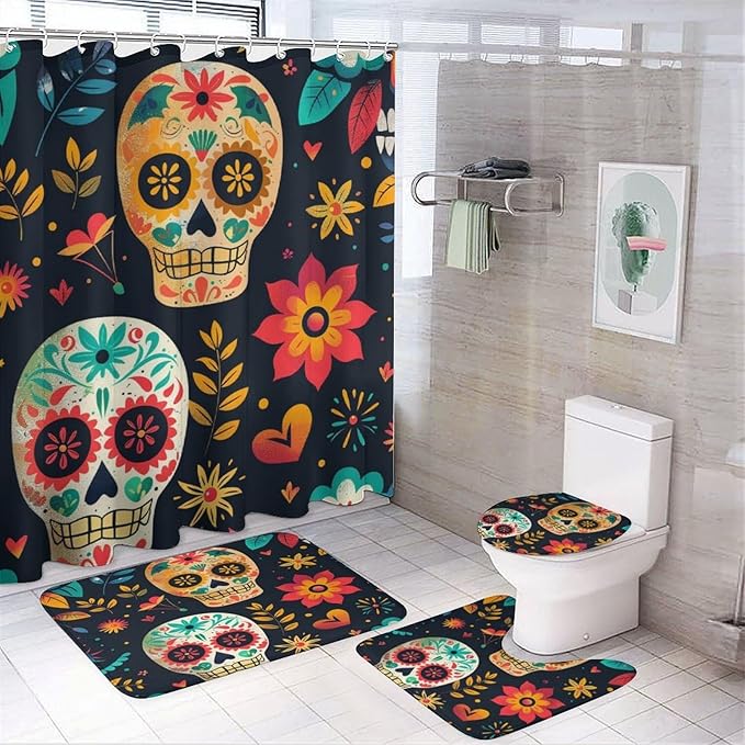 4pcs Sugar Skull Skeleton Shower Curtain Set with Rugs, Toilet Lid Cover and Bath Mat, Gothic Fantasy Flower Bathroom Curtains Decor Shower Curtains, 72" X 72" - sugar skull toilet mat set