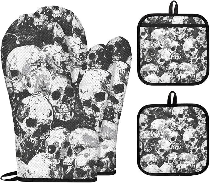 Sugar Skull Oven Mitts and Pot Holders 4 Pcs, Black White Skeleton Kitchen Oven Mitts Heat Resistant Oven Glove for Cooking, Baking - sugar skull oven mitts
