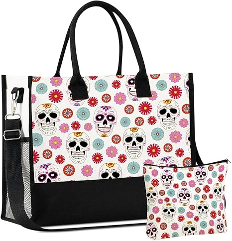 Sugar Skull Gifts Canvas Tote Bag with Top Zipper Closure and Shoulder Strap for Birthday, Mother's Day, Christmas - sugar skull handbags for sale