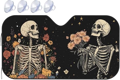 Windshield Sun Shade Skeleton Flower Skull Daisy Car Front Window Sunshade Blocker UV Visor Retractable Automotive Sunshades for Vehicle SUV Truck Protector 51x27.5 inch - sugar skull car sunshade for windshield
