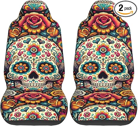2 Pack Sugar-Skull Car Seat Covers, Elastic Automotive Seat Slipcovers, Protects Seats from Stains and Pets, Good for Everyday Use - sugar skull car pet seat cover