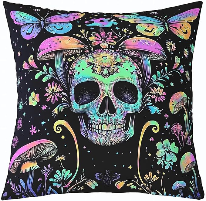Erosebridal Gothic Skull Throw Pillow Cover,Sugar Skull Pillow Cover for Kids Boys Girls,Boho Plant Mushroom Cushion Case Rainbow Skeleton Flowers Leaves Decor,18x18 Inch - sugar skull throw pillow
