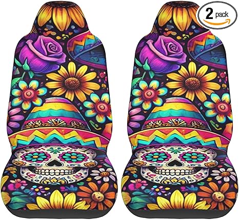 2 Pack Sugar-Skulls-Floral Car Seat Covers, Elastic Automotive Seat Slipcovers, Protects Seats from Stains and Pets, Good for Everyday Use - sugar skull car pet seat cover