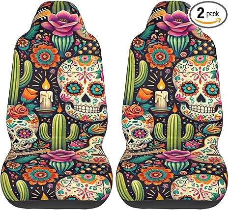 2 Pack Sugar-Skulls-Guitars Car Seat Covers, Elastic Automotive Seat Slipcovers, Protects Seats from Stains and Pets, Good for Everyday Use - sugar skull car pet seat cover