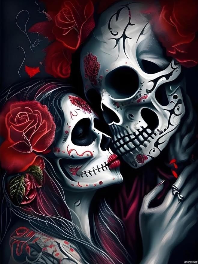 HMDIIMGE Rose Sugar Skull Couple Diamond Painting Kits, Day of The Dead Diamond Art for Adults, for Home Wall Decor Bedroom Decor or Gifts 12x16 inch - sugar skull canvas wall art