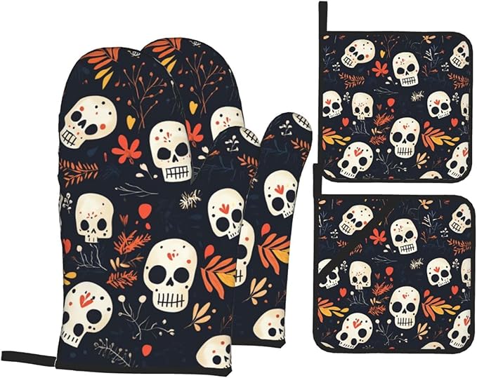 Oven Mitts Skeleton Flower Dark Halloween Heat Resistant Silicone Oven Mitts Set of 4,Oven Gloves for Cooking BBQ, Suitable for Barbecues Baking Cooking Microwave Cooking Gift - sugar skull oven mitts